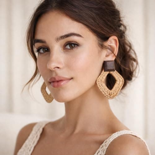 Detroja Wooden Square & Raffia Diamond Dangle Earrings 2