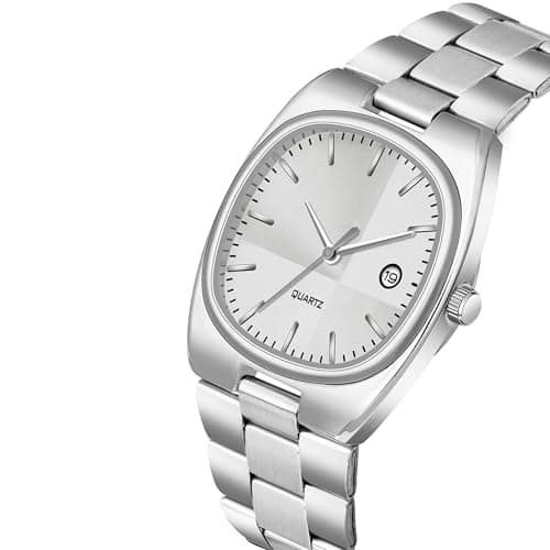 Acnos Minimalist Silver Square Dial Analog Watch for Men – Slim Case Design with Day & Date Display, Stainless Steel Strap 2
