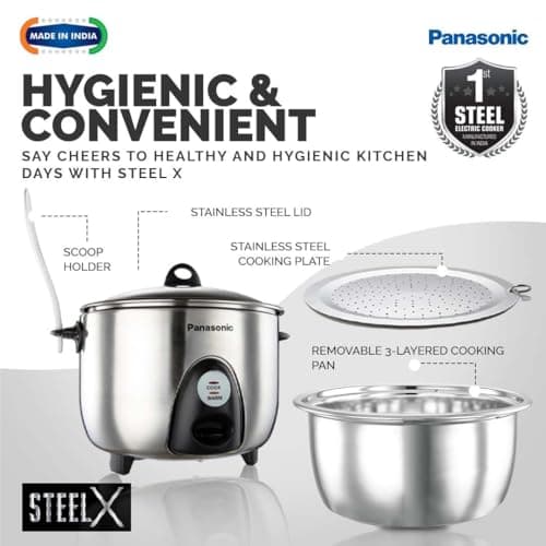 Panasonic SR-G18(SUS) I 660 Watts I Fully 304 Stainless Steel Automatic Electric Rice Cooker 1.8 Litres |3 Layer Stainless Steel Clad Pan, Lid and Plate I Cooks upto 1 Kg Raw Rice|With Keep Warm 2