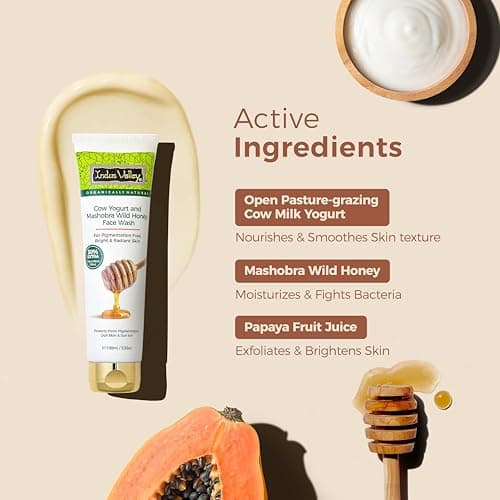 INDUS VALLEY Cow Yogurt Mashobra Honey & Papaya Cleansing Face Wash for Bright & Glowing Skin Reduces Spots Blemishes & Pigmentation Low Foam Men & Women (100gm + 50% Extra) 4