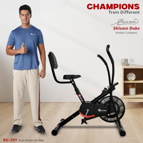 PowerMax Fitness BU-201 Dual Action Air Bike/Exercise Bike for Home |Gym Cycle for Workout With Adjustable Cushioned Seat | Non-Slip Pedals | Moving Handles Black Gym Bike, Max user weight 120 KG 2