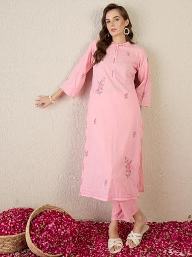 INDO ERA Women's Pure Cotton Floral Embroidered Straight Kurta & Pant Set | Co Ord Set For Women Stylish 5