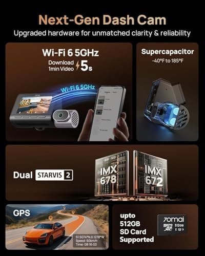 70mai 4K T800 3 Channel Dash Cam, Dash Cam Front and Rear Inside(2160P+1080P+1080P), STARVIS 2 IMX678 & IMX662, HDR Night Vision, WiFi 6, ADAS, Super-Capacitor, 24H Parking Mode, Upto 512GB Supported 4