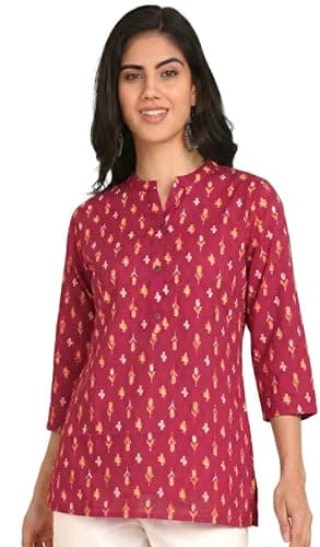 BLOCKS OF INDIA Cotton Hand Printed Short Kurti for Women (Large, Maroon Ikat)