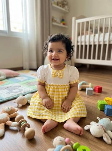 KOSHMOSH Combo of 3 Cotton Baby Girl Dress with Cute Bow I Stylish Gingham Baby Frock I Soft Mulmul-Lined Girl Outfit Yellow,Pink,Blue-9-12 Months 3