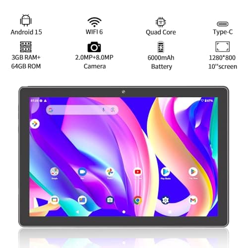 VOLENTEX 10" Android 15 Tablet, 10.1" HD IPS Touchscreen, 64GB Pad, 2MP + 8MP Dual Lens, WiFi6 Bluetooth, 6000mAh Battery (Gray) 3