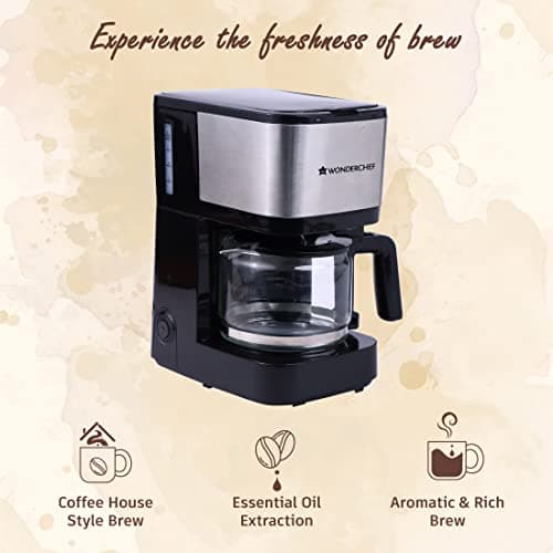 Wonderchef Regalia Pronto Coffee Maker 600W |Coffee Brewer Machine for Home & Office|750ml Borosilicate Glass Carafe||6 Cups Coffee| Black & Silver|Keep Hot Plate |2 Year Warranty 3
