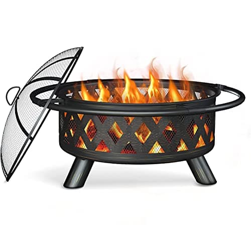 BKR® Premium Round Metal Firepit for Outdoor Ambiance, Rust Free and Durable | 95 x 95 x70 cm (39in) Size, 18Kgs | with Protected Screen Cover | Sand Blasted Metal with 5 Years Warranty | LG0938