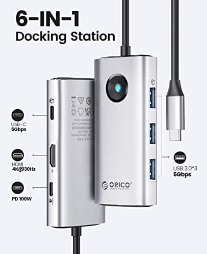 ORICO USB C Docking Station,6 in 1 USB C Dongle with HDMI 4K+PD100W+3×USB3.0,USB C Hub Multiport Adapter for MacBook/Dell/HP/Surface/Lenovo 2