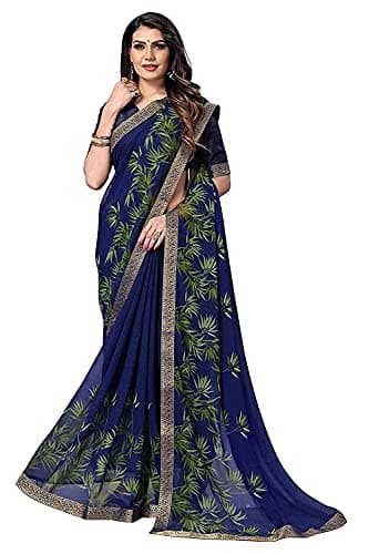 RAJESHWAR FASHION WITH RF Women's Floral Printed Georgette Sarees For Women Jacquard Border & (Mehindi Blue) 2