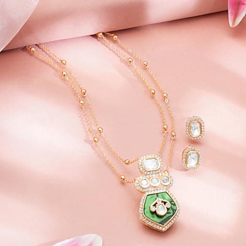Rubans Gold Plated Cubic Zirconia Green Enamel Layered Pendant Necklace Set Festive Gift Jewellery for Women & Girls 4