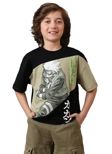 Kidsville Official Naruto Graphic Printed Oversized Fit Cotton Tshirt for Boys ASH Grey/Black