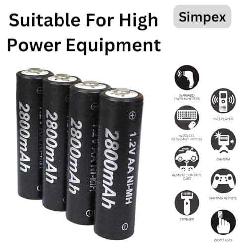 Simpexs 2800mAh High Power Ni-MH AA Ready to Use Rechargeable Battery with Quick Charging and Low Self Discharge, Can Charge up to 1000 Times (Black, 2800mAh-Pack of 4) 2