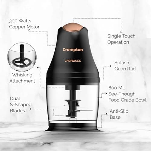 Crompton ChopMaxx Electric Vegetable Chopper | 300 Watts Motors | Twin S-Shaped Ninja food grade blades | 800 ml see through food grade bowl | Whisking attachment | Easy to clean & Store 3