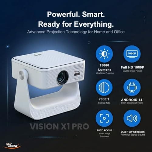 TONZO Vision X1 Pro Smart LED Projector | Native 1080P Full HD | 15000 Lumens | Android 14 | Auto Focus & Keystone Corretion | Dual WiFi Bluetooth | 10W Speaker | Home Theater, Office & Outdoor Use 2