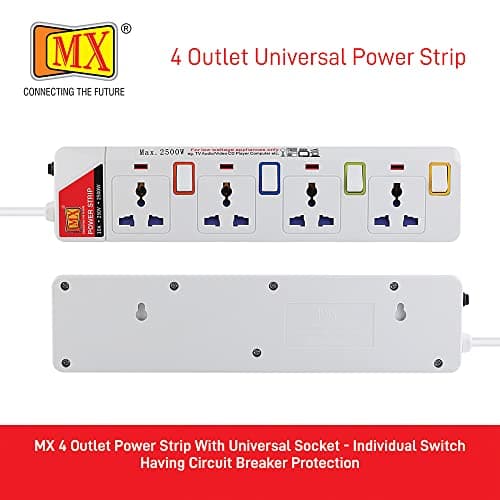 MX 4 Way Universal Power Strip with Individual Switch, 1.5 Meter Extension Board with Safety Shutter, Multi Plug Heavy Duty Extension Cord with Power Indicator for Home Office Computer Use 2