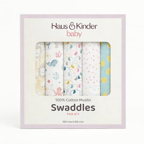 haus & kinder 100% Cotton Muslin Swaddle Wrap for New Born Baby | Pack of 5 (100×100 cm) | Baby Blanket & Swaddles for Newborn | Dream Safari Collection 2