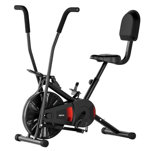 Lifelong Air Bike Exercise Cycle for Home Gym | Dual Action Stationary Cardio Bike for Full Body Workout| Adjustable Cushioned Seat with Backrest |Moving Handles & Anti-Skid Pedals |Max User Weight 12