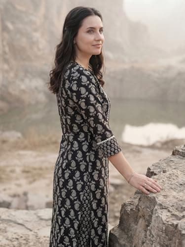 INDO ERA Women's Off White Cotton Blend Floral Printed Straight Fusion Kurta & Palazzo Set 4