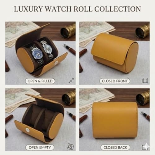 essart Luxury Watch Roll Case – Travel Watch Organizer-Watch Travel Case for 2 Watches | PU Leather Portable Gift Box for Watch Collectors Mustard Color 2
