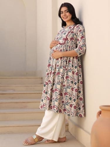 ASSUME FAB Women Rayon Regular Maternity Kurti/Pregnancy Kurti/Easy Breastfeeding Western Kurti with Zippers for Nursing Pre and Post Pregnancy Beige, Large(Large 5