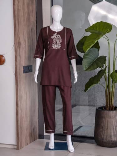 Women's Embroidered Straight Kurta & Pant Co-Ord Set (IN, Alpha, XL, Regular, BROWN) 5