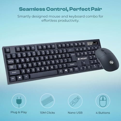Lapcare WL-102 2.4GHz Wireless Keyboard and Mouse Combo | USB Nano Receiver | Rupee Key | Silent Typing | Power Saving Mode | Battery Included | Windows 7/8/10/11 Compatible 2