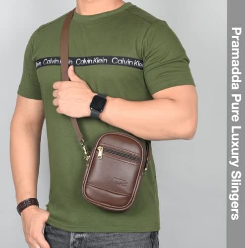 Pramadda Pure Luxury Stylish TWIN Leather Sling Bag For Men Women Travel | Side Crossbody Chest Mobile Bag | Casual Sports Walking Bags | Birthday Gift Item. (Choco Brown) 4