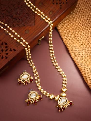 BEVOGUE Elegant Traditional Necklace Set for Women | Gold Plated Brass Jewellery with Red Stones & Pearls | Ideal Gift for Weddings, Parties & Celebrations (NK4849) 2