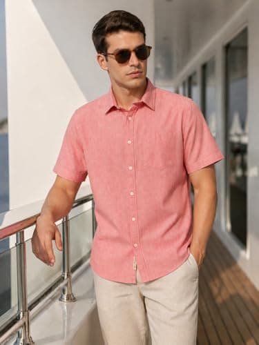 Thomas Scott Men's Premium Slim Fit Casual Shirt | Cotton Linen Blend | Short Sleeves | Spread Collar | Solid Pattern (TS1351_Red_M) 2