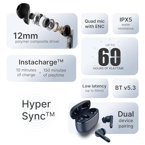 Noise Aura Buds in Ear Truly Wireless Earbuds with 60H of Playtime, Quad Mic with ENC, Dual Device Pairing, Instacharge(10 Min=150 Min),12Mm Polymer Composite Driver,BT V5.3(Aura Black) 2