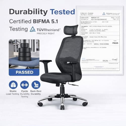ASTRIDE Octave BIFMA Certified Ergonomic Office Chair for Work | 2D Adjustable Soft Armrest, 2D Headrest & 2D Lumbar Support | Single Tilt Lock Mechanism [Heavy Duty Metal Base, Black-Grey] 2