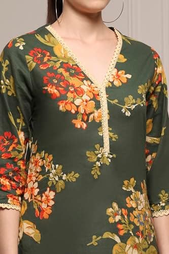 Biba Women Olive Green Cotton Straight Printed Kurta_38 3
