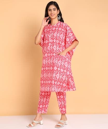 BLOCKS OF INDIA Coords Set in Pure Cotton Kaftan Style Hand Block Print Co Ord Set for Women (XXX-Large, KAFTAAN Pink) 2