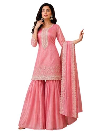 Anveri Textiles Women's Pink Embroidered Kurta Sharara Set with Dupatta | Ethnic Traditional Suit | Elegant Lace Work & Festive Outfit
