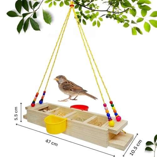 Boltz Wooden Hanging Bird Feeder with Water Bowl – Dual-Function Seed & Water Tray, Eco-Friendly Rustic Design for Balcony, Garden & Outdoor Birdwatching (Multicolor, Feeder) 4