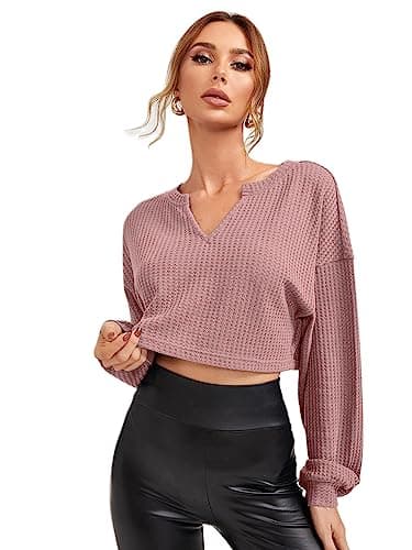 Zilcon Womens Waffle Long Sleeve 2025 Fall Fashion V Neck Basics Crop Tops Slim Fitted T Shirts Going Out Crop top for Women Stylish Western Tops (in, Alpha, L, Regular, Dusty Pink)