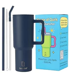 House of Quirk 1200ML Stainless Steel Tumbler with Handle & Lid, 2 Straws – Large Travel Mug Water Cup for Gym, Office & Outdoor Use (Shadow Blue)