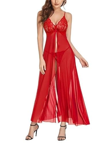 LOURYN KOULYN ® Women Lingerie Lace Babydoll High Split Maxi Long Gown Maternity Dress Night Wear Sleep Wear Nighty For Honeymoon (Free Size, Red) 3