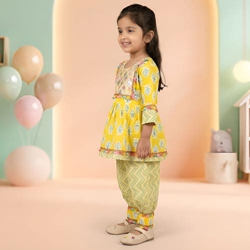 DAWINAR Girls Yellow Printed Peplum Kurta & Patiyala Set | Ethnic Co-Ord Outfit for Kids 4