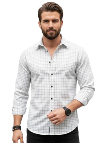 Amazon Brand - INKAST Men's Regular Fit Button Down Dress Shirts Textured Long Sleeve Casual Look Hawaiian Shirt White-2XL