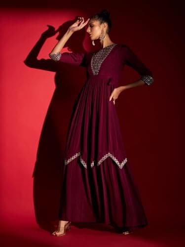 madhuram textiles Women's Chinon Chiffon Traditional Ethnic Long Western Dress With Embroidery Work Long Kurta(M-2361 Wine Blue_2XL), Maroon, Casual Dress 3