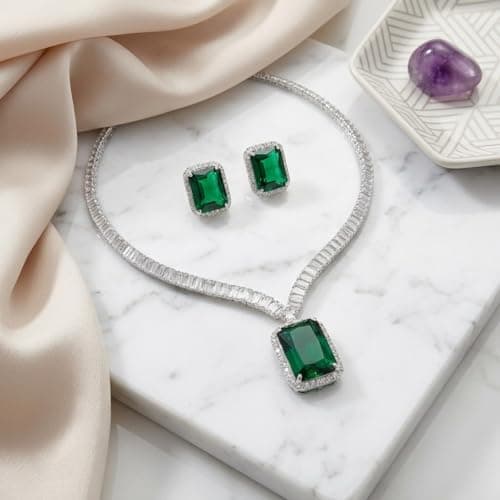 Daily Dish DD Emerald Stone Artificial Necklace Set for Women | Crystal Pendant Necklace with Matching Stud Earrings | Elegant Party & Wedding Jewelry Set for Women & Girls (Dark Green) 5