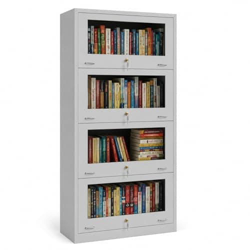Amazon Brand - Solimo Steel Bookrack, 4 Door Bookshelf with Glass Doors for Home & Office, Metal Book Cabinet for Library, Study Room & Staff Room, Powder Coated (Light Grey) 3