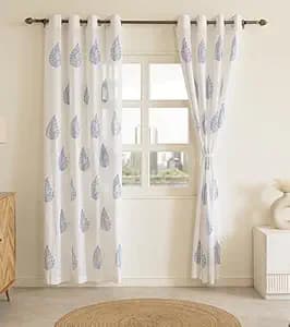 THE LINEN COMPANY Cotton Linen Solid Window Curtain Set with Steel Eyelet Rings- 4 Feet (New Blue Leaf, Set of 2)