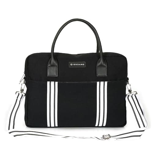 Giordano Unisex 15-Inch Laptop Bag | Canvas Messenger Breifcase with Padded Compartment | Detachable Striped Web Strap | for Men and Women | BLACK