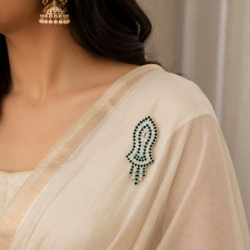 Brooch Pin Leaf Shape Rhinestone for Saree, Suit & Blazer (Green) 4