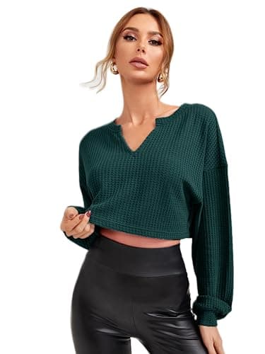 Zilcon Womens Waffle Long Sleeve 2025 Fall Fashion V Neck Basics Crop Tops Slim Fitted T Shirts Going Out Crop top for Women Stylish Western Tops (in, Alpha, L, Regular, Teal Green)