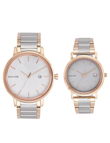 Sonata Quartz Analog with Date White Dial Metal Strap Watch for Couple-NS713187029KM01P