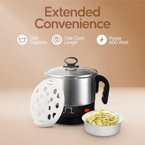 Longway Multipurpose Electric Kettle 1.5 litre, 3 Heating Modes Stainless Steel Body with Glass Lid, kettle for hot Water, Milk, Tea and Coffee, Noodles, Soup, Rice, Egg Boiling | Black & Silver 4